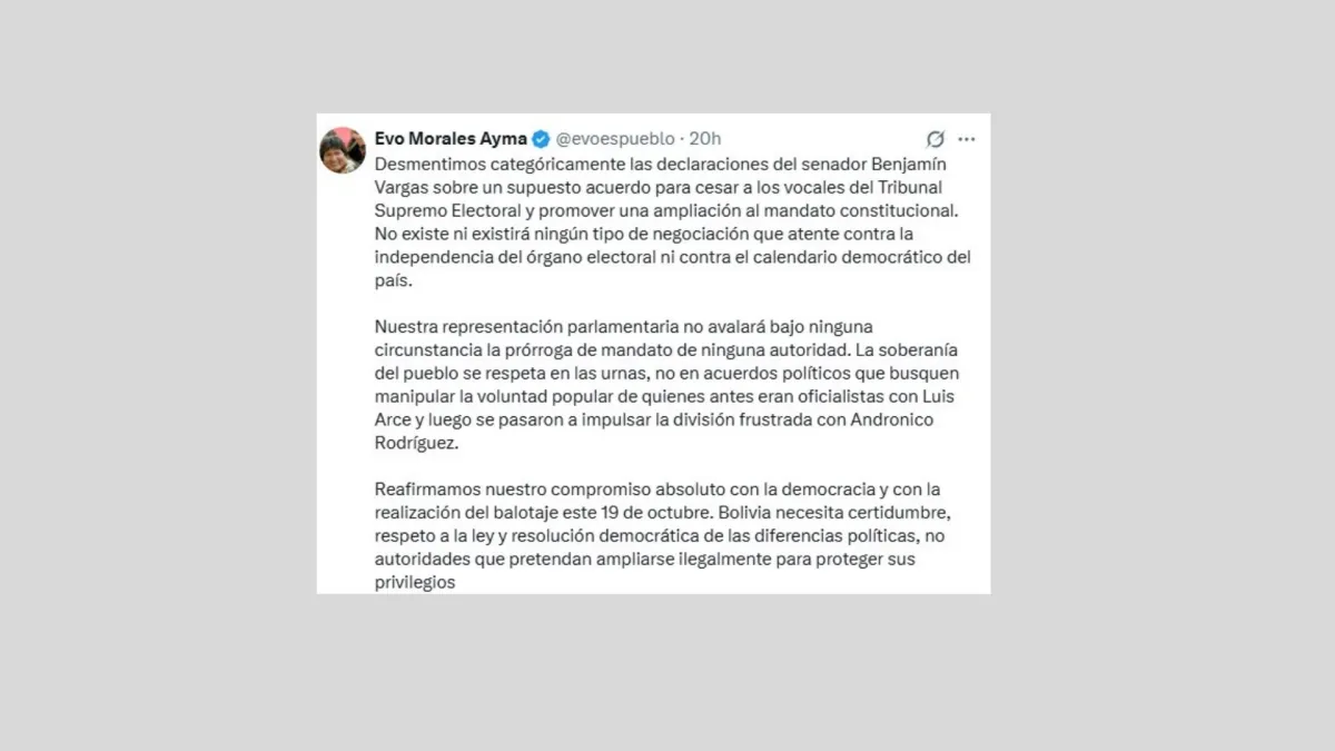 Evo Morales desmiente rotundamente acuerdo para cesar vocales y ampliar mandato del TSE